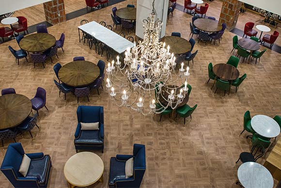 Oen of the restored original chandeliers in the offices of Quicken Loans in the Higbee Bldg.