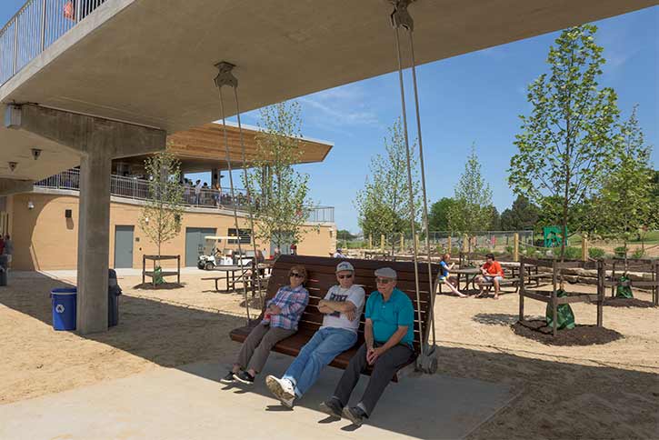 Swinging benches at Edgewater Park by artists Stephen Manka and Stephen Yusko