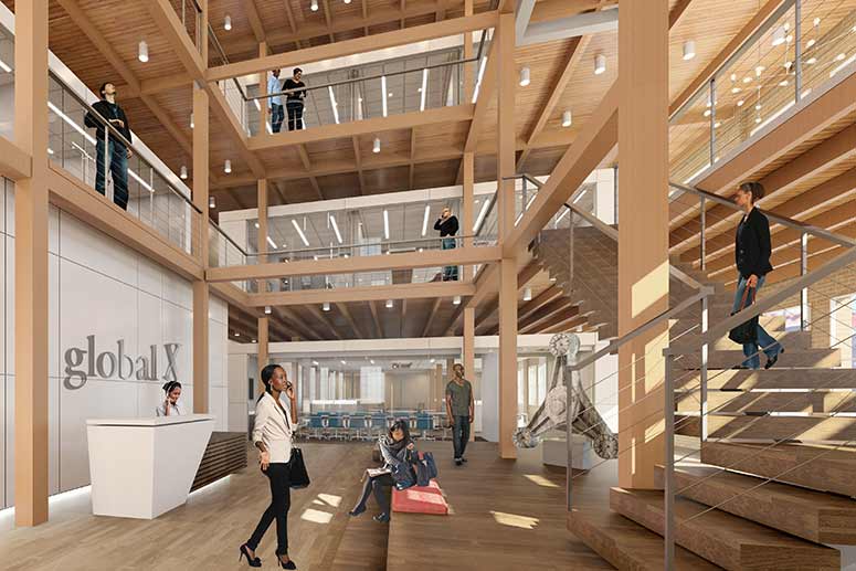 Rendering of the Global X office lobby, designed  by Vocon