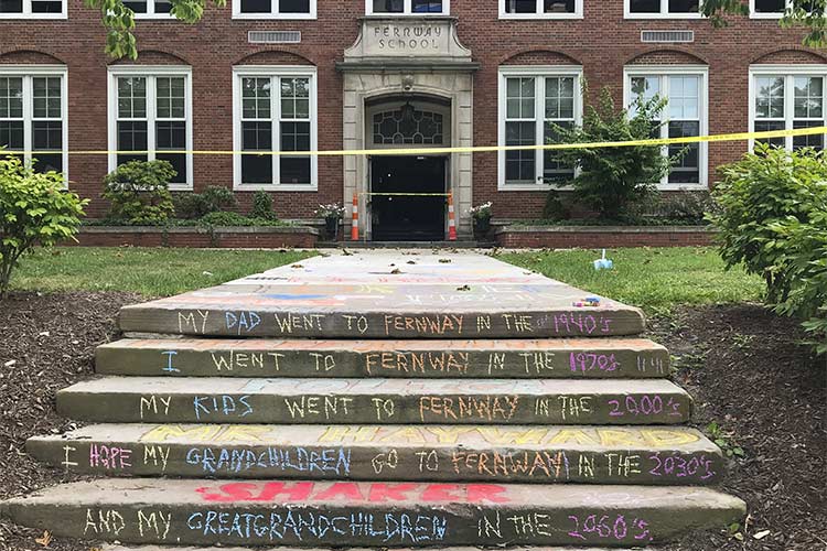 Chalk drawing on the steps by Peter Nagusky, Fernway and Shaker Heights School class of ’88 after the fire