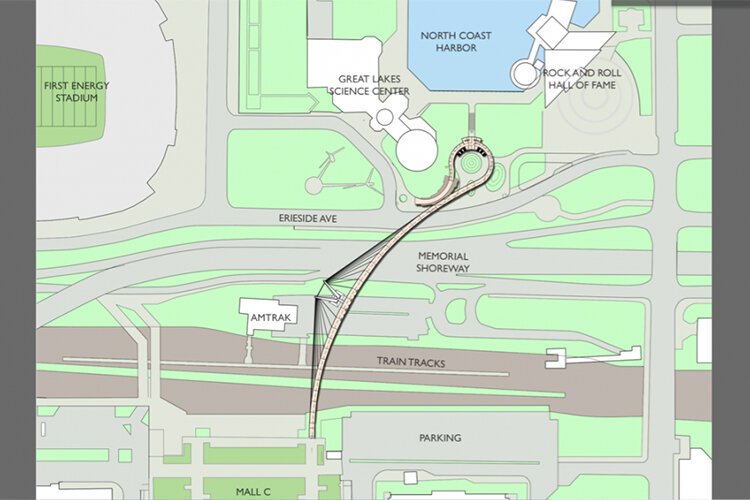 Cleveland lakefront pedestrian bridge designed by Boston architect Miguel Rosales.