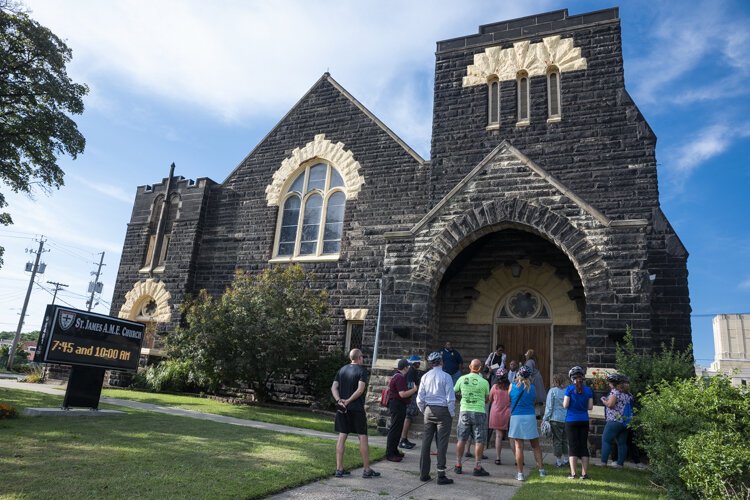 <span class="content-image-text">A stop at St. James A.M.E. Church on the Ride + Learn: The Future of Fairfax bike tour</span>