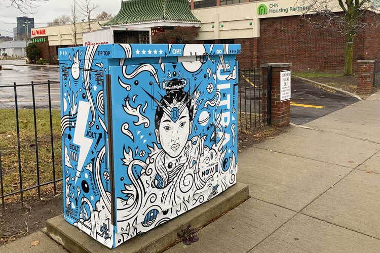 <span class="content-image-text">The utility box wrap at Payne Avenue and East 30th Street, titled “Sakuya-Hime” by Jordan Wong (WONGFACE).</span>