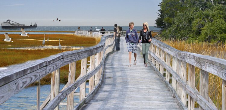 <span class="content-image-text">Rendering showing proposed boardwalk and wetland habitat restoration at the Burke Lakefront Airport site</span>