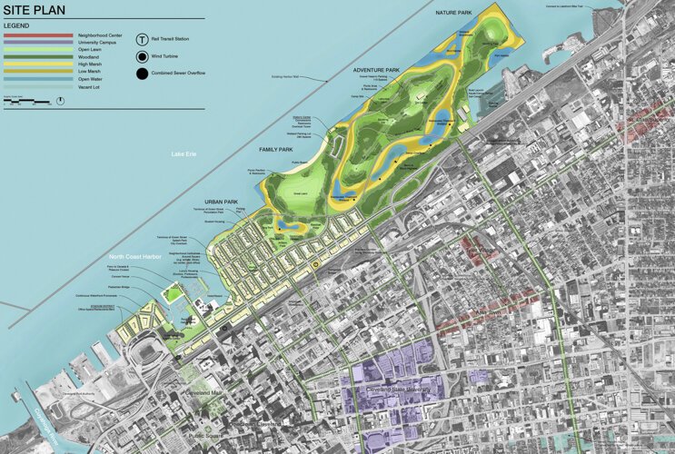 A conceptual site plan for the Burke Lakefront Airport site