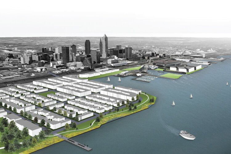 Rendering showing conceptual development and waterfront access for the Burke Lakefront Airport site