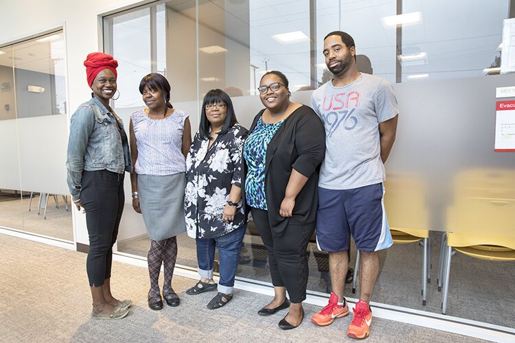 Lauren Harrison (left), Angela Thomas, Charlotte Morgan, Elle Wilson, and Kyle Wilson meet at PNC Fairfax Connecton.