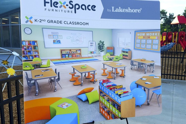 An illustration at the ribbon cutting shows the modern furnishings inside the new Cletus Jeckering Learning Center.