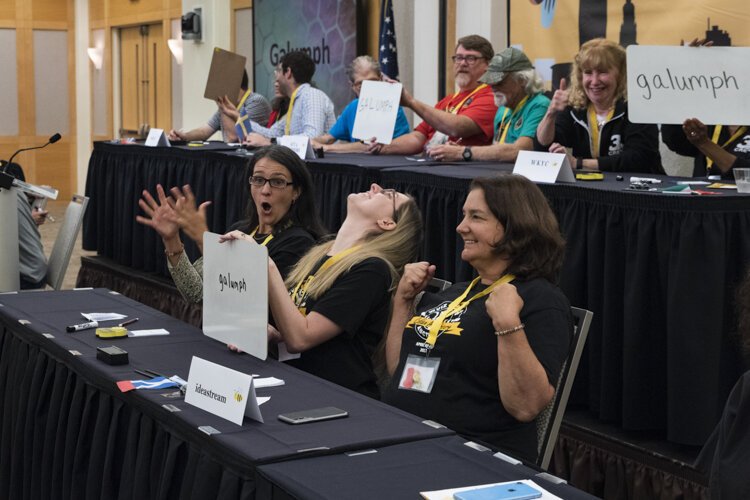 The ideastream team gets excited at spelling the word "galumph" correctly.