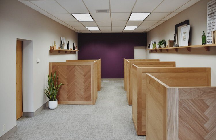 Borrow Curated Furniture + Design commissioned Sawhorse Woodworks to make these cubicles for Berkshire Hathaway’s Gordon Square offices.