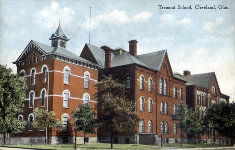 A colorized postcard of the original Tremont School, which was torn down in the first decade of the 20th century.