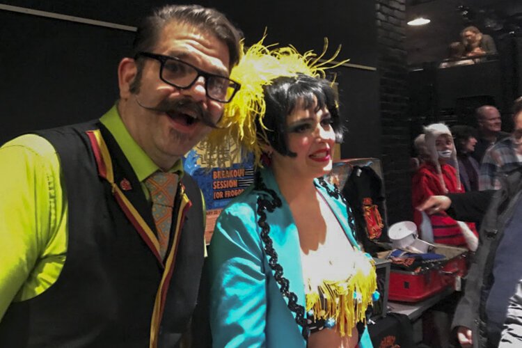Wizbang founders Jason and Danielle Tilk greet audience members after the Feb. 1 performance at Cleveland Public Theatre.