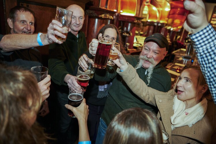 Celebrating at Great Lakes Brewing reopening.