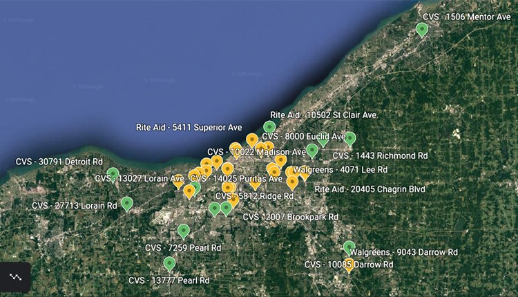 <span class="content-image-text">Locations of 35-plus Rite Aid, Walgreens and CVS pharmacies throughout the Cleveland area. The pharmacies labeled in yellow do not offer COVID-19 testing as of early July; the stores labeled in green do.</span>