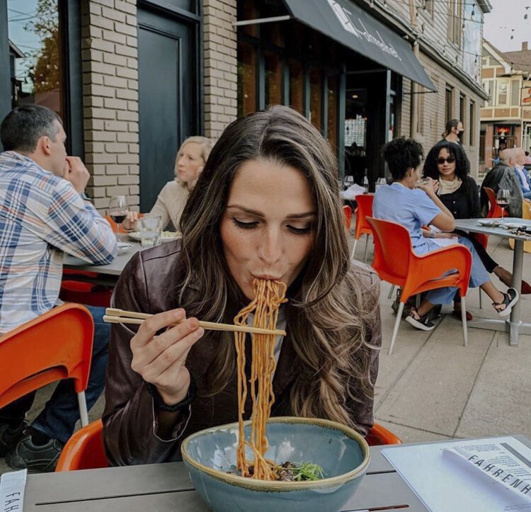 Enjoying outdoor dining with some shortribs and Lo mein noodles at Fahrenheit.