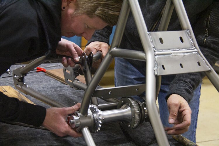Scott Colosimo working on the Falcon at Cleveland CycleWerks.