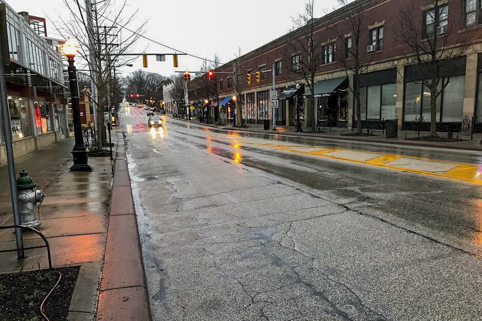 The Coventry Road business district in Cleveland Heights at 7:20 p.m. Thursday, March 19, 2020.