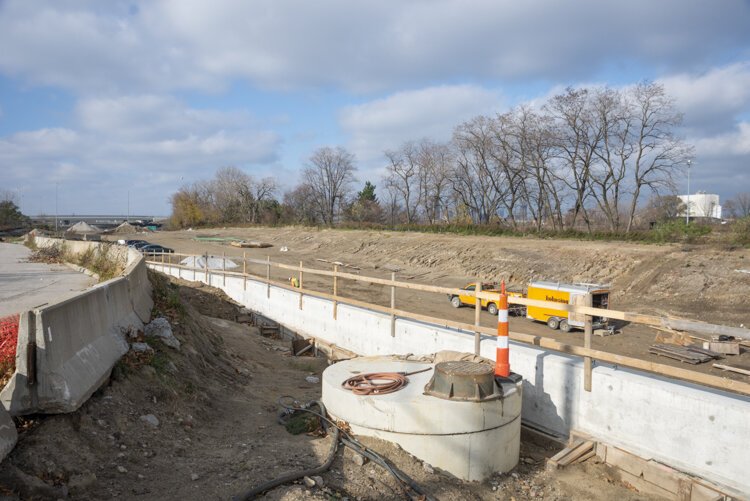 Opportunity Corridor construction project looking west from E 55th Street