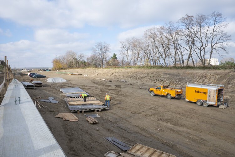 Opportunity Corridor construction project looking west from E 55th Street