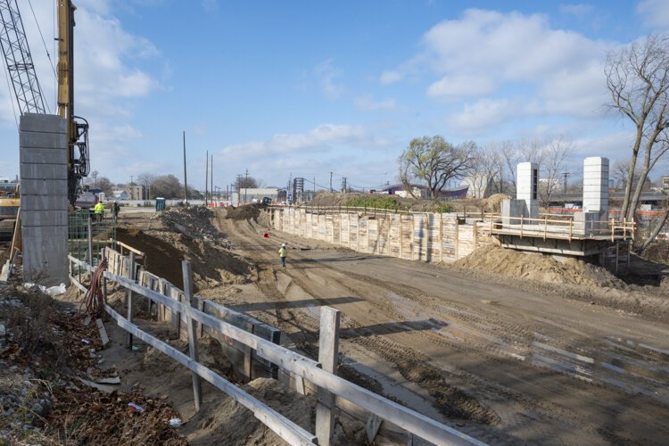 Opportunity Corridor construction project looking west toward E55th Street