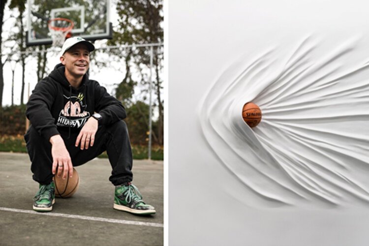 Daniel Arsham. Moving Basketball, 2019. Installed at Rocket Mortgage FieldHouse