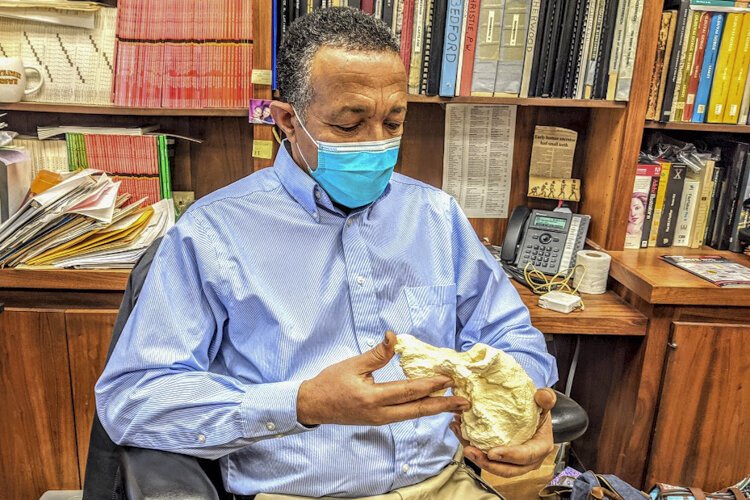 <span class="content-image-text">Yohannes Haile-Selassie examines a hominin fossil in his office at the Cleveland Museum of Natural History</span>