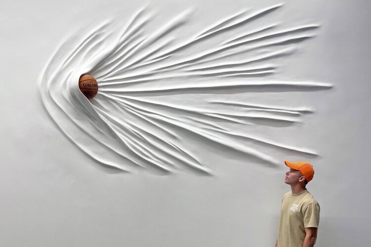 Daniel Arsham. Moving Basketball, 2019. Installed at Rocket Mortgage FieldHouse