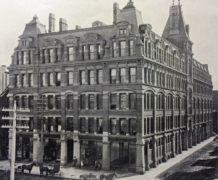 The ornate five story Blackstone Building named for the famous eighteenth century English jurist, went up in 1881, on the southwest corner of Seneca (West 3rd) and Frankfort Streets--just a block away from the Cuyahoga County courthouse.