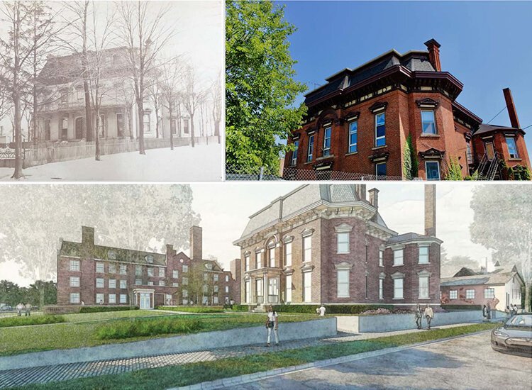 Left: Former mansion and YWCA dormitory on Franklin Boulevard - Cleveland Historical. Right: 2021 photo by Nate Lull. Bottom: Architectural Rendering provided by Dalad Group, rendered by Gibbon Architecture.