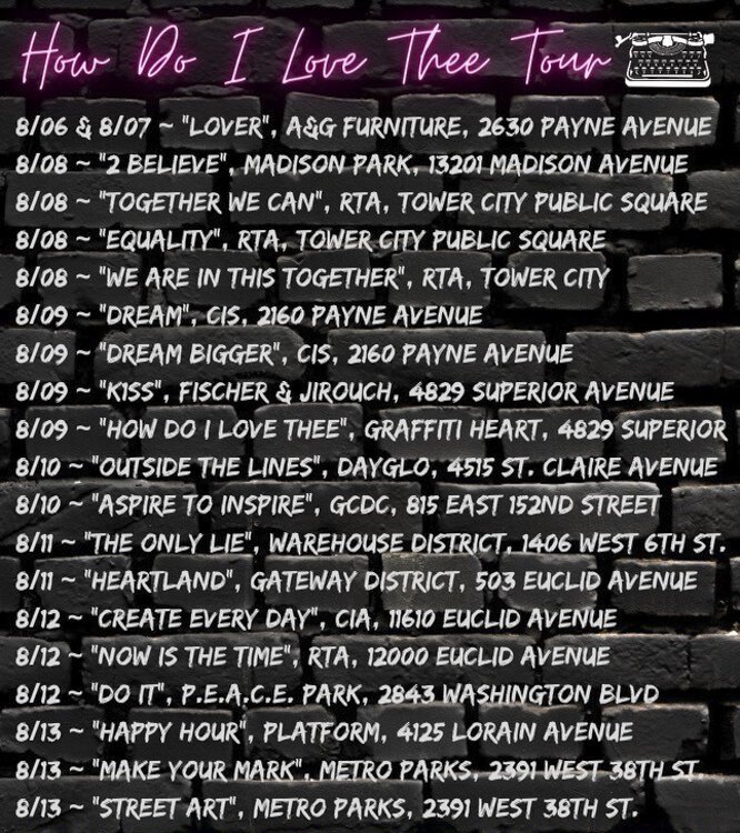 <span class="content-image-text">Dates location of the “How Do I love Thee” tour murals</span>