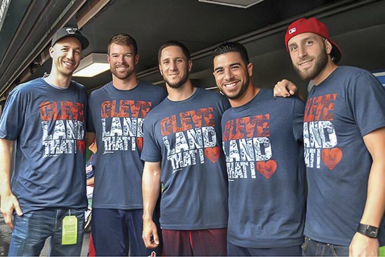 <span class="content-image-text">Brothers Greg and George Vlosich repping their shirts with Cleveland baseball players.</span>