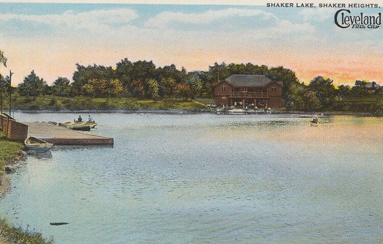 This postcard of Lower Shaker Lake, Ca. 1920, features a view of the Shaker Lakes Canoe Club's boathouse, constructed in 1914 .