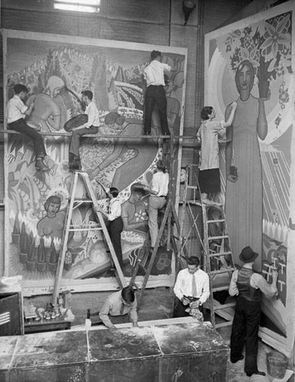 Preparing mural on walls of Horticulture Building at the Great Lakes Exposition