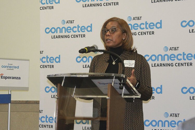 <span class="content-image-text">Mylayna Albright of AT&T speaking at the opening of the Connected Learning Center at Esperanza</span>