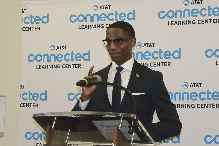 <span class="content-image-text">Cleveland Mayor elect Justin Bibb speaking at the opening of the Connected Learning Center at Esperanza</span>