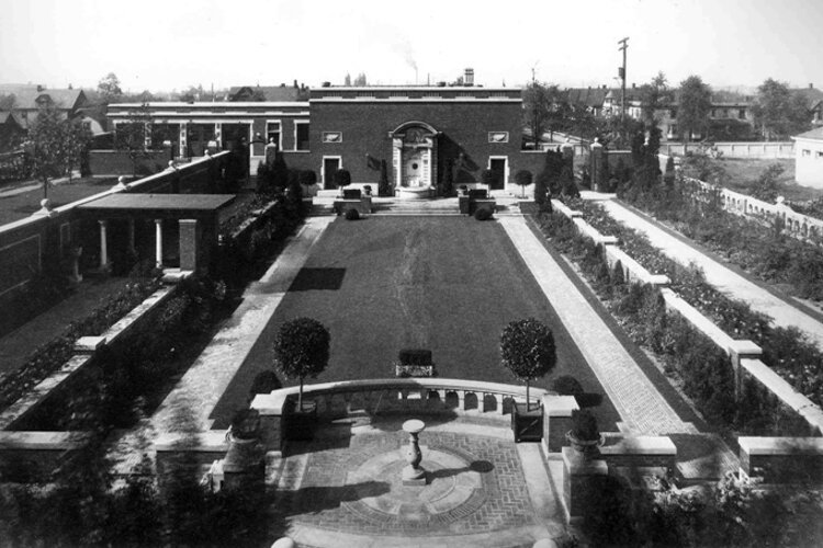 Mather Mansion Sunken Gardens, ca. 1930 that covered most of the grounds behind the home.: