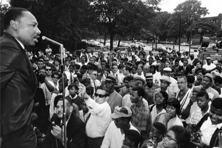 Dr. King gives speech in Hough neighborhood of Cleveland, Ohio in 1967.