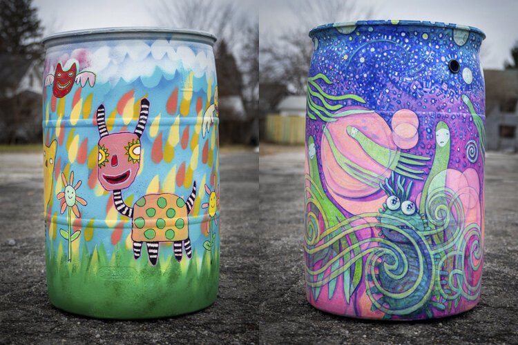 Rain barrels by artists Linda Zolten Wood and Scott Pickering