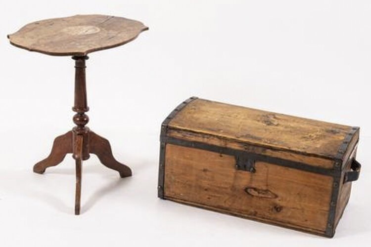 An American Walnut Tripod Candle Stand, 19th Century and a pine and metal trunk, 19th Century