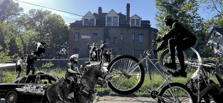 Modern Day Civil War, Donald Black, Jr., 2021, photograph in AR at Scofield Mansion, Cleveland, OH