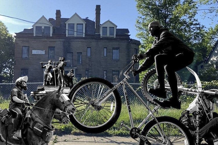 Modern Day Civil War, Donald Black, Jr., 2021, photograph in AR at Scofield Mansion, Cleveland, OH