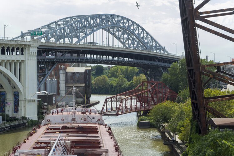 <span class="content-image-text">The Center Street Swing Bridge taken from the American Courage freighter with the Detroit-Superior bridge in the background.</span>