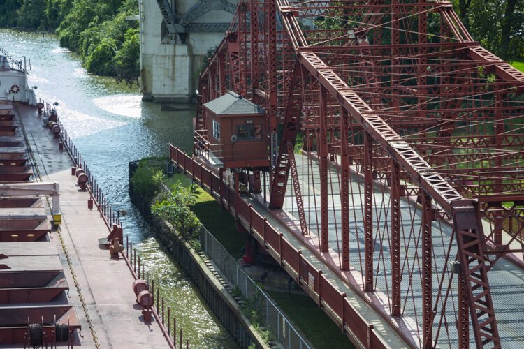 Center Street Swing Bridge fully open to let by the freighter American Courage.