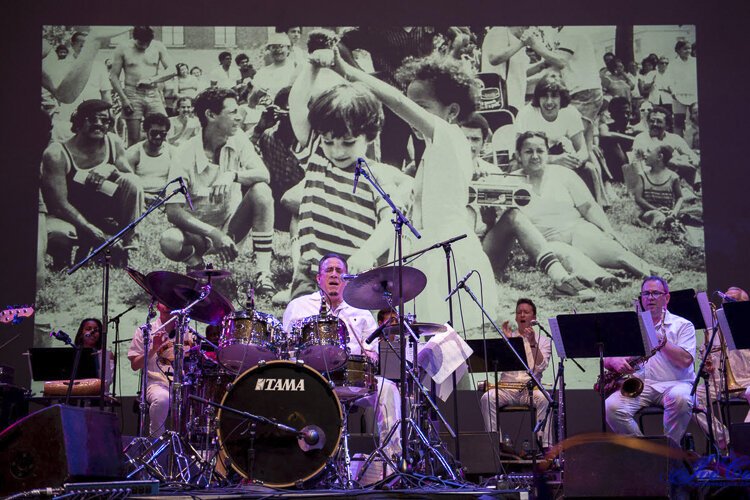 Bobby Sanabria on drums performing his recent Grammy nominated West Side Story Reimagined score at Lincoln Center Out of Doors.