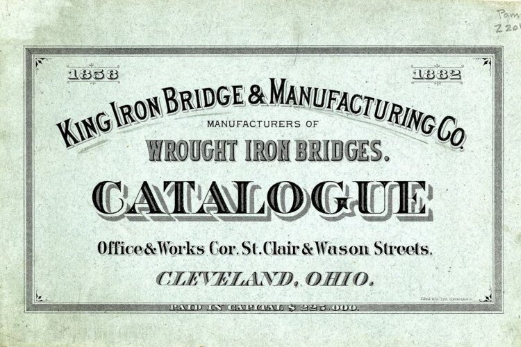 Catalog cover of King Iron Bridge & Manufacturing Company of Cleveland, Ohio 1882, the principal contractor for the construction of the Detroit-Superior High-Level Bridge.