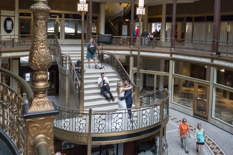 Taking wedding photos at the Cleveland Arcade