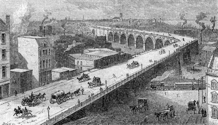 This drawing of the Superior Ave. Viaduct from the 1880s shows the full extent of the structure with traffic moving both east and west.