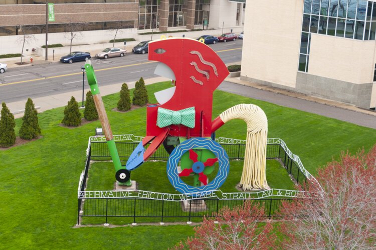 Billie Lawless’s “The Politician: A Toy” standing 42 feet tall, arose in 1996 in Midtown, then moved to Cleveland State University.