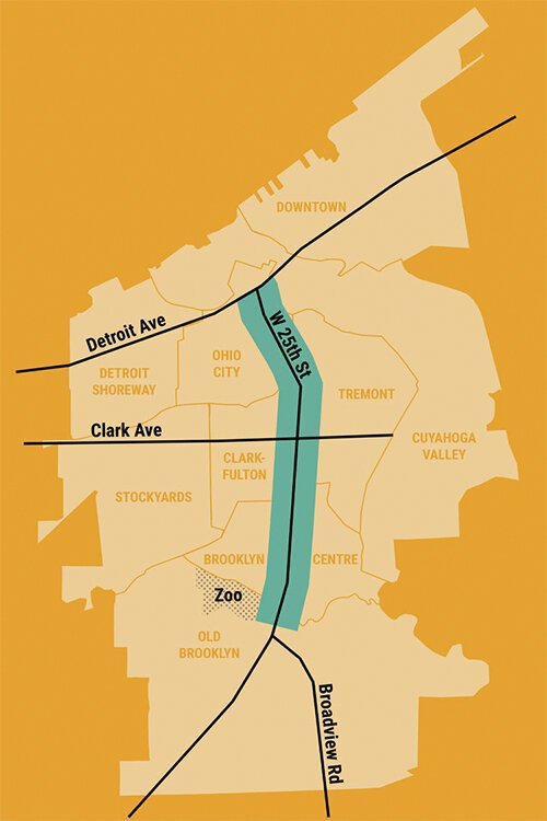 <span class="content-image-text">The project area extends along W. 25th Street from Detroit Avenue on the north to The Cleveland Metroparks Zoo on the south.</span>