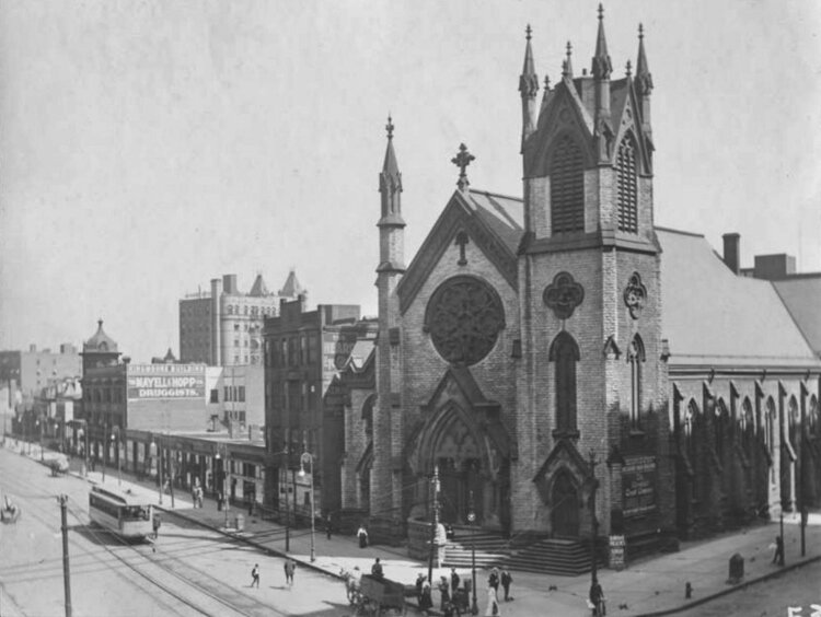 First Methodist Church, 1904: The church, erected in 1874, just before its demolition in 1905 to build the Cleveland Trust Company Building.